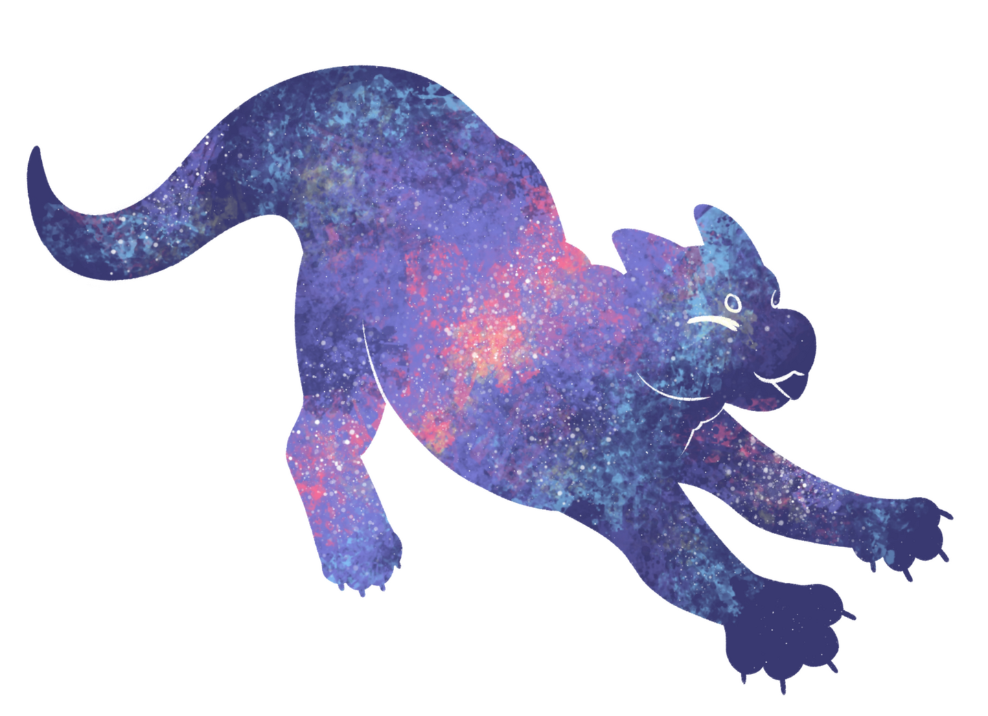 SNAPKON's persona, a chubby wingless dragon, stretching like a cat and coloured like a nebula using their colours- deep purple, vibrant violet, hot pink, sky blue and lemon yellow.