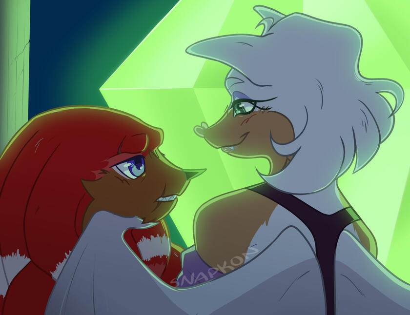 Knuckles the Echidna and Rouge the Bat backlit by the Master Emerald
