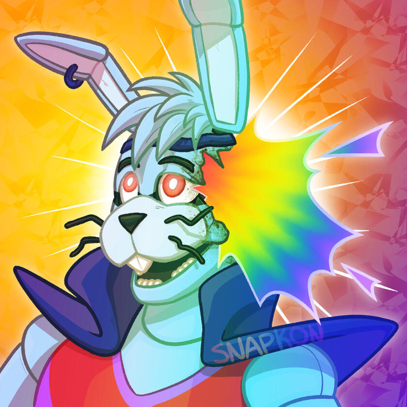 art of Glamrock Bonnie from FNaF, with the side of his skull exploding in colour