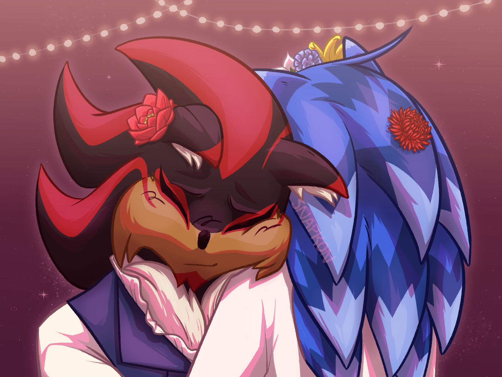 my alternate universe designs of Shadow the Hedgehog and Sonic the Hedgehog holding each other close during their first dance